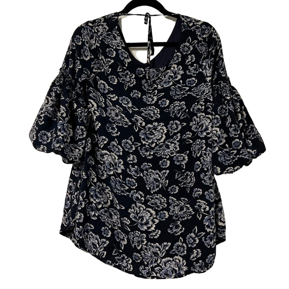 Available by Angela Fashion Womens Blue Floral Top With Billowing Sleeves - Picture 6 of 7